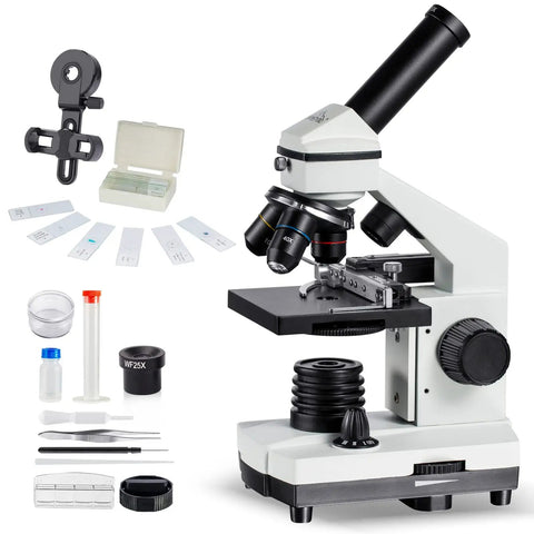 Kid Friendly Microscope Kit For Ages 8 To 12 With Prepared Slides 100X To 1000X Magnification Mechanical Stage Glass Lenses 10 Slide Set Filter And Phone Adapter For Easy Science Class At Home displaying components.