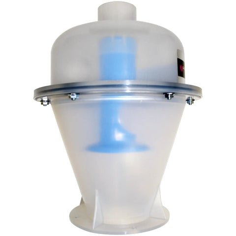 Heavy Duty Quick Click Dust Separator Featuring Slick Twelve Gallon Locking Collection Bin And Efficient Air Relief Design, transparent plastic design.