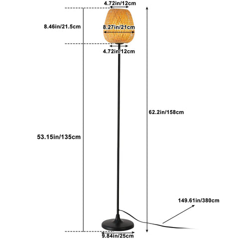 Japanese Style Bamboo Floor Lamp With Handwoven Rattan Shade, height dimensions, metal base, cord visible for living room