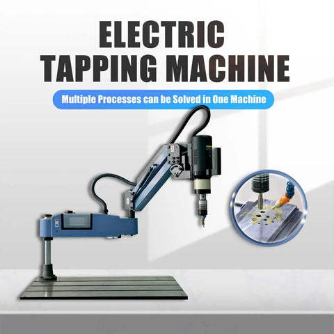 Heavy Duty Electric Tapping Machine With Auto Oil And Air Blow For M3 To M16 Threads on a workbench for precision metal threading.
