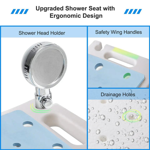 Close-up of shower stool features, head holder, safety wing handles, drainage holes, Shower Stool With Head Holder For Inside Shower And Tub, Bath Chair With Adjustable Height From 13.5 To 18.5 Inches, Tool Free Setup, 350 Lbs Capacity, Perfect For Seniors, Disabled, Pregnant Moms