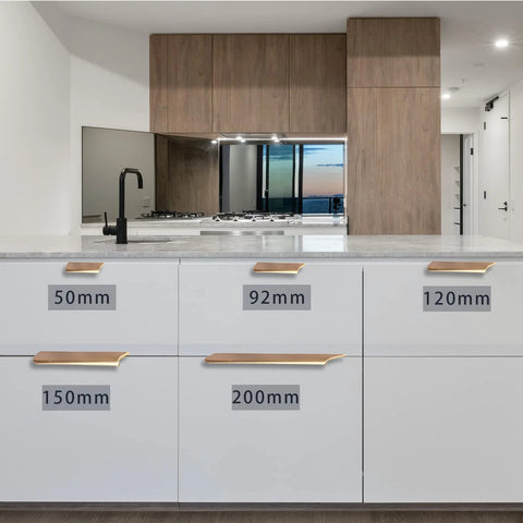 Modern kitchen with 4 Pack Concealed Edge Pull Handles In Champagne Finish Aluminum Alloy Finger Pull Cabinet Handles, various sizes.
