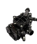 Premium Thermostat Housing Heat Management Module BMW X1 X3 X5 Engine Assembly side view with hose fittings and screws.