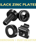 Black zinc plated M6 screw, washer, and cage nut for server use in 50 Pack M6 Rack Mount Cage Nuts Screws Washers With Quick Pull Installation Tool For Server Cabinets Built Tough Zinc Plated Carbon Steel Heavy Duty Setup For Network Racks And Gear.