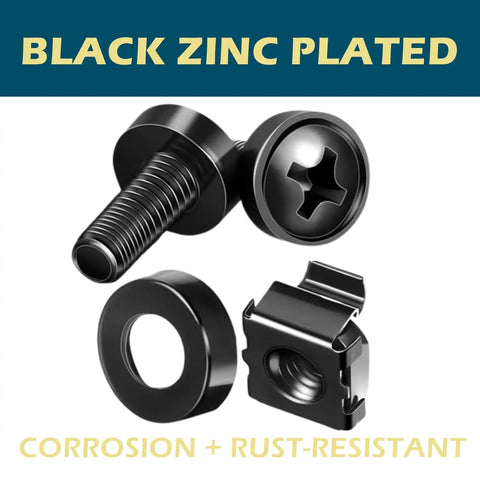Black zinc plated M6 screw, washer, and cage nut for server use in 50 Pack M6 Rack Mount Cage Nuts Screws Washers With Quick Pull Installation Tool For Server Cabinets Built Tough Zinc Plated Carbon Steel Heavy Duty Setup For Network Racks And Gear.