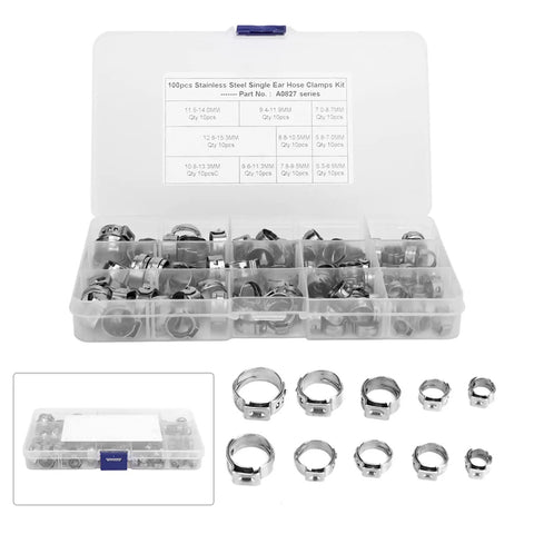 Stainless Steel Single Ear Hose Clamp Kit With 100 Pieces Stepless Sealing Design For Tight Fits And Leaks Prevention Perfect For Cars And Engines, 100 pcs case