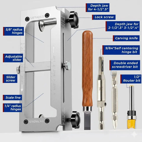 Pro Grade Dead Nuts Precise Door Hinge Template Kit For Router features adjustable slider, depth jaws, and carving tools.