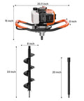 Gas Powered 43Cc Post Hole Digger with 8 Inch Auger Bit, dimensions outlined, includes engine and 20 inch extension rod