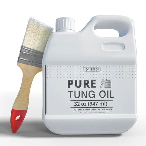 32 Ounce 100 Percent Pure Tung Oil for Wood Outdoor Finish with Brush, bottle beside brush, clear label visible.