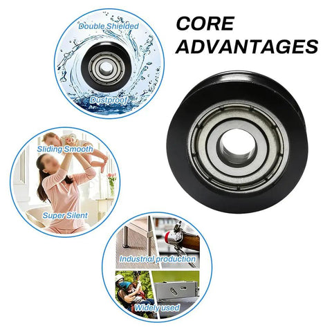 Rock Solid Four Piece Heavy Duty U Groove Pulleys Featuring Durable Pom Plastic Rails And No Sweat Drawer Glide Action With Precision Ball Bearings For Cabinet Hardware close-up of bearing and advantages
