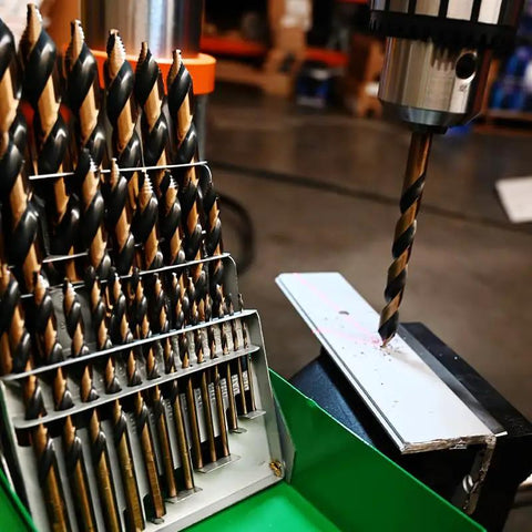 Hyper Step HSS Cobalt Drill Bit Set 1/8 To 1/2 Inch, 13 Pc Stubby TurboStep Mechanics, metal drilling in progress