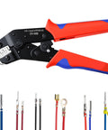 6 In 1 Wire Crimping Tool For Non-Insulated Open Barrel Terminals, AWG 28-16 Crimper Pliers with red handles and connector samples.
