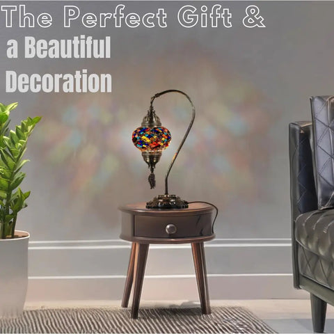 Artisan Turkish Glass Mosaic Table Lamp With Tiffany Style Multicolor Globe on side table in living room, cozy glow vibe