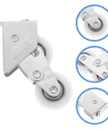 Top Shelf Heavy Duty Aluminum Screen Door Rollers Four Pack Double Wheel Sliding Track Pulleys with shiny steel brackets.