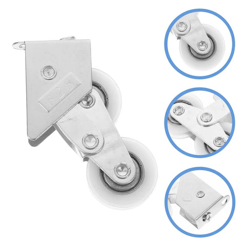 Top Shelf Heavy Duty Aluminum Screen Door Rollers Four Pack Double Wheel Sliding Track Pulleys with shiny steel brackets.