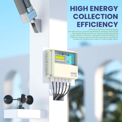 Dual Axis Solar Tracker Controller Kit With Auto Sun Tracking Wind Sensor LCD Display And Remote on a white pole
