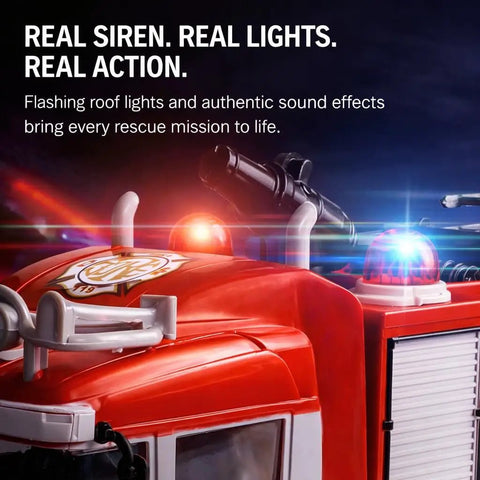 Close-up of RC Rescue Fire Engine Toy Truck roof detail with lights and sound features, flashing siren visible with pump nozzle.