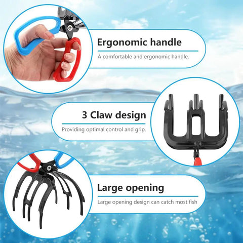3 Claw Fish Gripper With No Slip Grip showing ergonomic handle, 3 claw design, and large opening for efficient catch and release