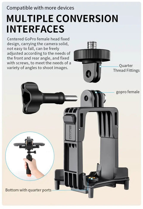 Avata 2 Drone Action Camera Mount Holder showing conversion interfaces, quarter thread fittings, GoPro female and holder with ports.