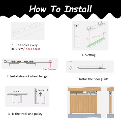 Installation guide for Heavy Duty Sliding Barn Door Hardware Kit In Black Rail For Double Doors Bypass Track System.