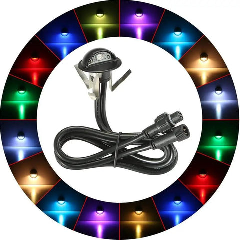 Bluetooth And WiFi RGB Deck Step Lights Kit With 20 recessed 1.38 inch LED showing multiple light colors and connectors