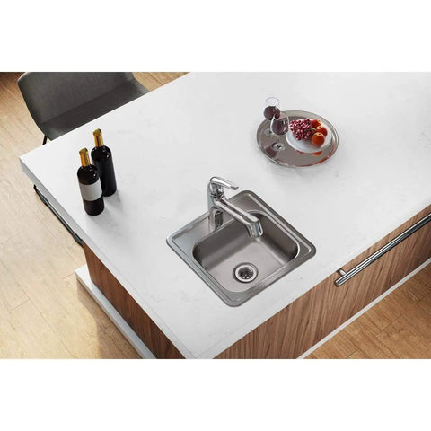 Single Bowl Top Mount Stainless Steel Bar Sink D115152 15x15 with 2 inch drain hole in kitchen countertop
