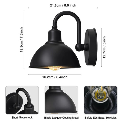 Built Tough Black Metal Barn Light With Sturdy Gooseneck Arm, Rain Or Shine Farmhouse Outdoor Porch Lantern, 6 Inch Heavy Duty Rustic Pendant Fixture For Patio And Curb Appeal Boost, black lacquer coated metal, 6.4 inch diameter.