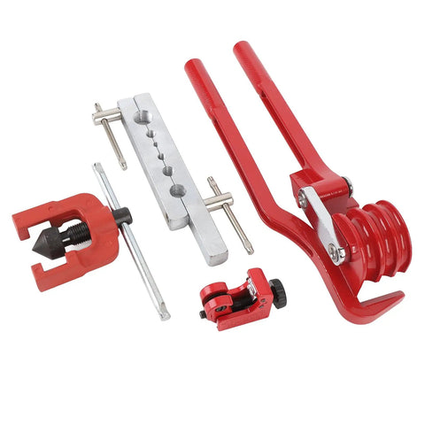 Pro Grade Copper Brake Line Kit For Auto Repairs With 3/16 Inch 25-Piece Flare Tool Set And Bender, tools laid out on surface.