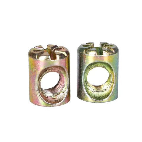 Barrel Nuts And Bolts Cross Dowel Slotted Furniture Nut M6x10-12mm Durable Diy Hardware, two metal nuts close-up view