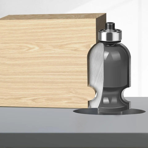 Get Your Hands On This 1/2 Inch Shank Architectural Molding Router Bit For Smooth Flush Trimming Of Laminate and Veneer With Precision Face Milling Perfection Every Single Time For Serious Woodworking Pros Who Demand Flawless Edges, showing a carbide bit cutting through wood.