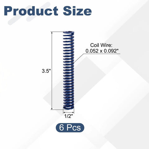 Six Pack Blue Compression Springs 3.5 Inch Long And Half Inch Wide Made From Heavy Duty Alloy Steel dimensions with coil wire size.
