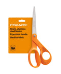 Orange Handle Stainless Steel Scissors For All Purpose Cutting Ergonomic Design Sharp Blades shown against packaging with text.