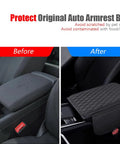 Center Console Cover With 2 Storage Bags In Premium Nappa Leather, Scratch And Wear Resistant, Waterproof Car Interior Accessory shown on armrest before and after installation.