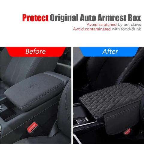 Center Console Cover With 2 Storage Bags In Premium Nappa Leather, Scratch And Wear Resistant, Waterproof Car Interior Accessory shown on armrest before and after installation.
