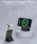Compact Foldable MagSafe Power Bank 10000 Mah Featuring Dope Magnetic Alignment For iPhone 16 15 14 Series With Snappy Fast Charging Travel Ready Build Hits Perfectly On Road Trips Daily Errands on a foldable stand, showing dual angles.