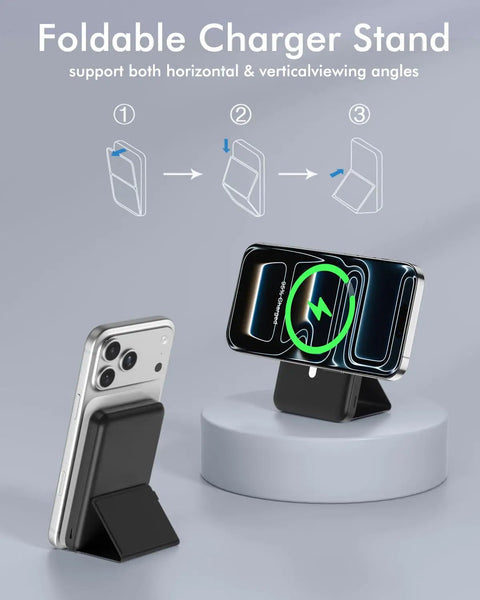 Compact Foldable MagSafe Power Bank 10000 Mah Featuring Dope Magnetic Alignment For iPhone 16 15 14 Series With Snappy Fast Charging Travel Ready Build Hits Perfectly On Road Trips Daily Errands on a foldable stand, showing dual angles.