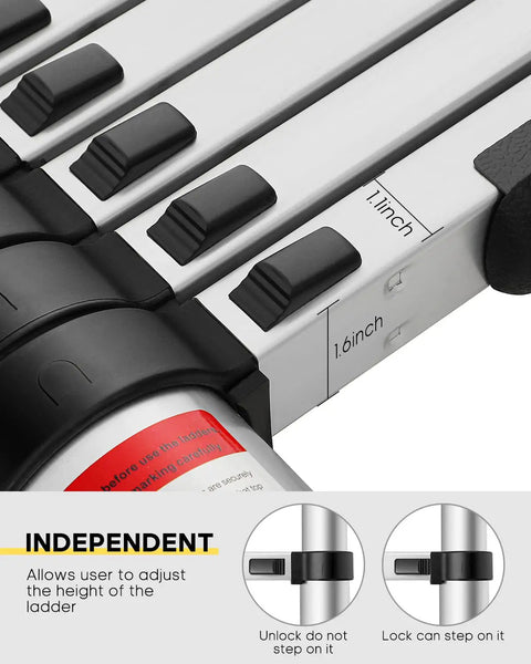 Locking mechanism detail of Sixteen Point Five Foot Aluminum Telescoping Ladder With Extra Replacement Non Slip Rubber Covers Beefy 330 Pound Load Capacity Foldable Multi Purpose Ladder For RV Outdoor DIY Projects.
