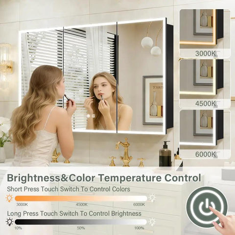Woman using LED Medicine Cabinet 48 By 32 Inch With Demister, Dimmable Interior Lighting, Three Color Temperature in bathroom