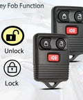 Replacement Ford Key Fob With Keyless Entry For F150 F250 F350 Explorer Expedition 1998 2016 Ranger Escape Edge E150 Freestar Lincoln Navigator Mazda 3 Button Remote CWTWB1U345 depicting two black key fobs showing lock and unlock functions.