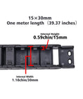 Image showing close-up of Two Pack Open Type Drag Chain Cable Carrier, 15x30mm Internal Size, Flexible 1 Meter Length With End Connectors, dimensions highlighted.