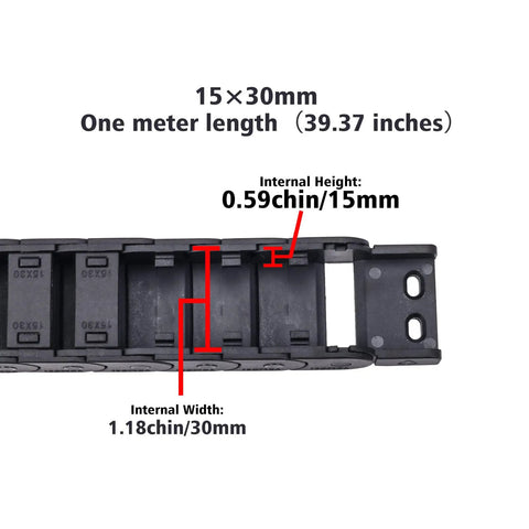 Image showing close-up of Two Pack Open Type Drag Chain Cable Carrier, 15x30mm Internal Size, Flexible 1 Meter Length With End Connectors, dimensions highlighted.