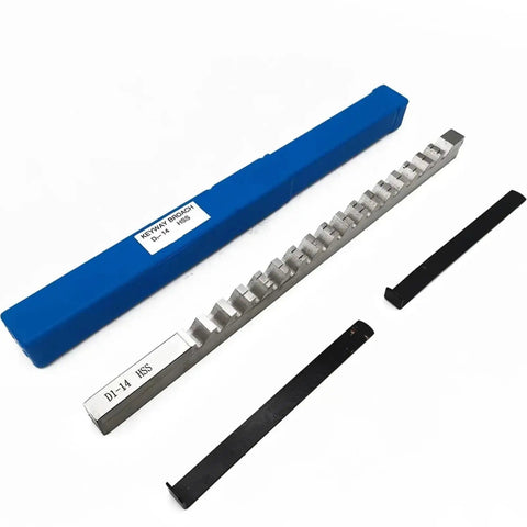 Multi Size Push Type Keyway Broach Set In High Speed Steel HSS, includes metal broach, shims, and blue storage case