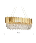 Straight Up Sleek K9 Crystal LED Pendant Light With Brushed Gold Metal Frame And Eight Warm E14 Bulb Slots, 90cm size.