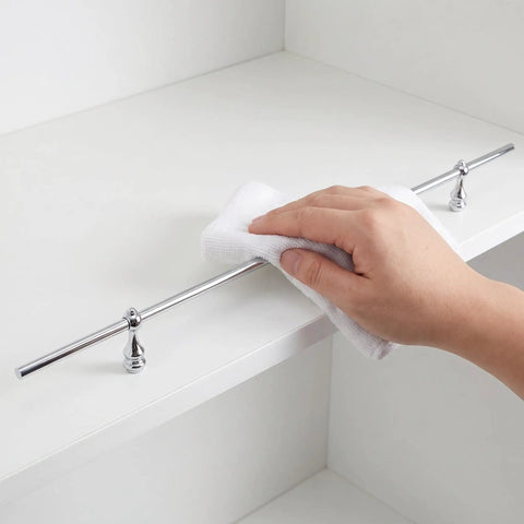 Hand cleaning Mini Gallery Rail Set with 5mm silver finish guard rails and glass shelf spindles for wine cabinets and display furniture