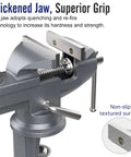 All-Purpose Table Vise With 3 Inch Jaw Opening And 360 Degree Swivel Base, Heavy Duty Bench Clamp For Woodworking And Metalworking, Thickened 0.2 Inch Jaw For Superior Grip, Fits Most Workbenches And Tables. Thickened jaw and non-slip textured surface