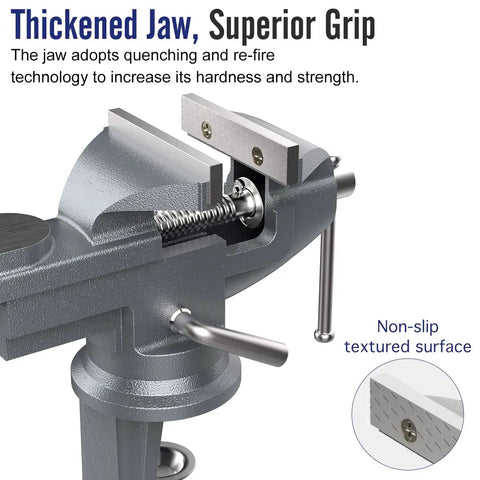 All-Purpose Table Vise With 3 Inch Jaw Opening And 360 Degree Swivel Base, Heavy Duty Bench Clamp For Woodworking And Metalworking, Thickened 0.2 Inch Jaw For Superior Grip, Fits Most Workbenches And Tables. Thickened jaw and non-slip textured surface