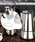 Silicone Replacement Gasket Seal For Moka Pot Espresso Coffee Maker Soft Flexible Odorless Fits 1 To 12 Cup Sizes shown.