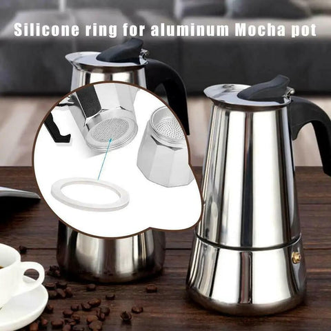 Silicone Replacement Gasket Seal For Moka Pot Espresso Coffee Maker Soft Flexible Odorless Fits 1 To 12 Cup Sizes shown.