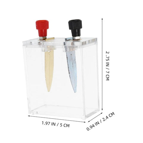 Hands-On Battery Lab Kit For DIY Scientists Including Copper Iron And Zinc Electrodes For Basic Circuits Saltwater Power Electroplating Strips And Classroom Chemistry Experiments in clear container with dimensions.