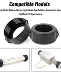 Front view of two black 2-inch spa heater split-nut unions with screws; 2-pack with replacement gaskets